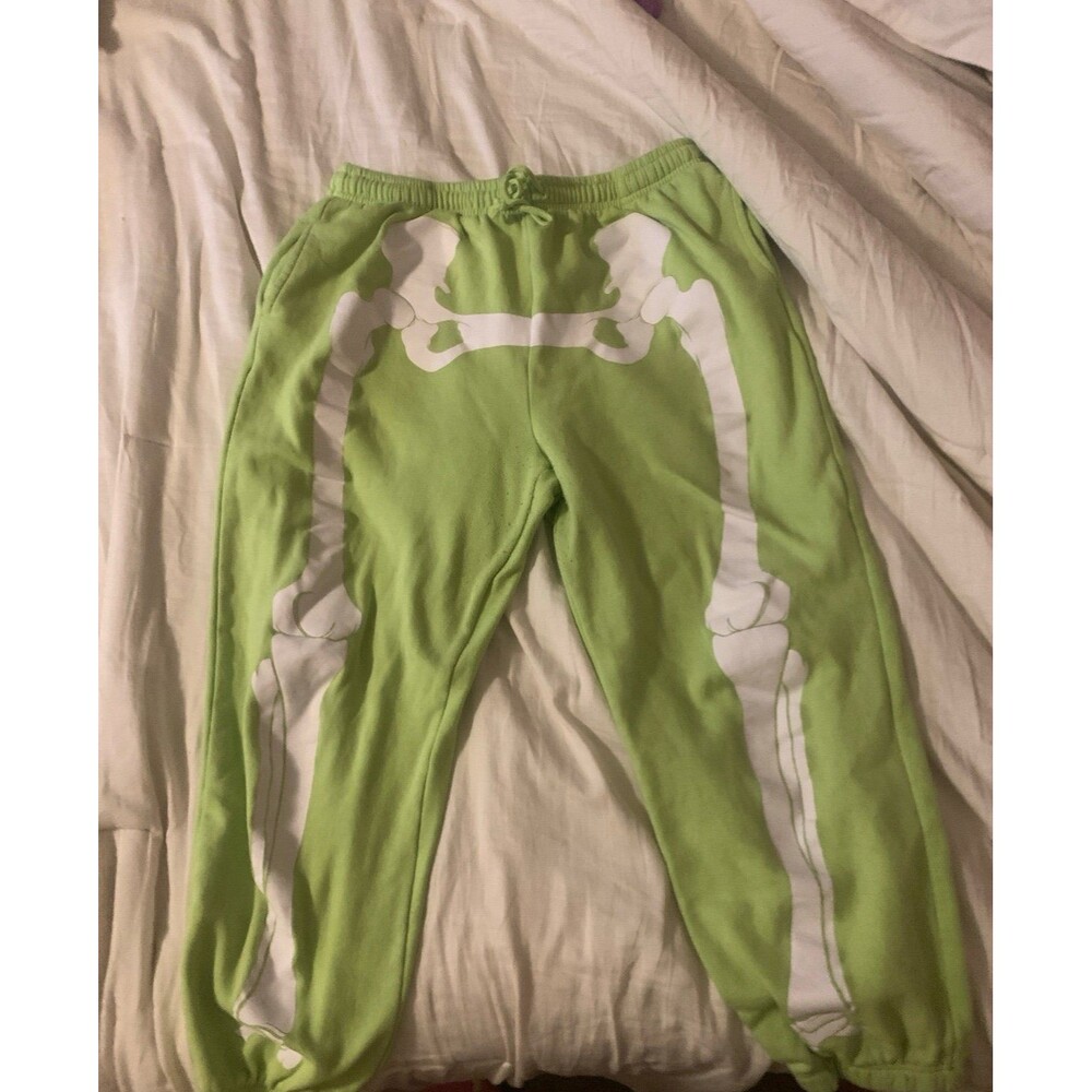 Mighty Fine Skeleton Print Cropped Fleece Sweatpants – Lime Green – Size XL